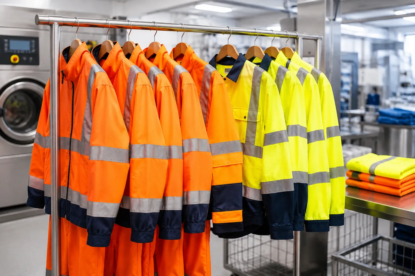 Orange og gule hi-vis arbejdsjakker med refleksbånd hængt på stang klar efter vask
