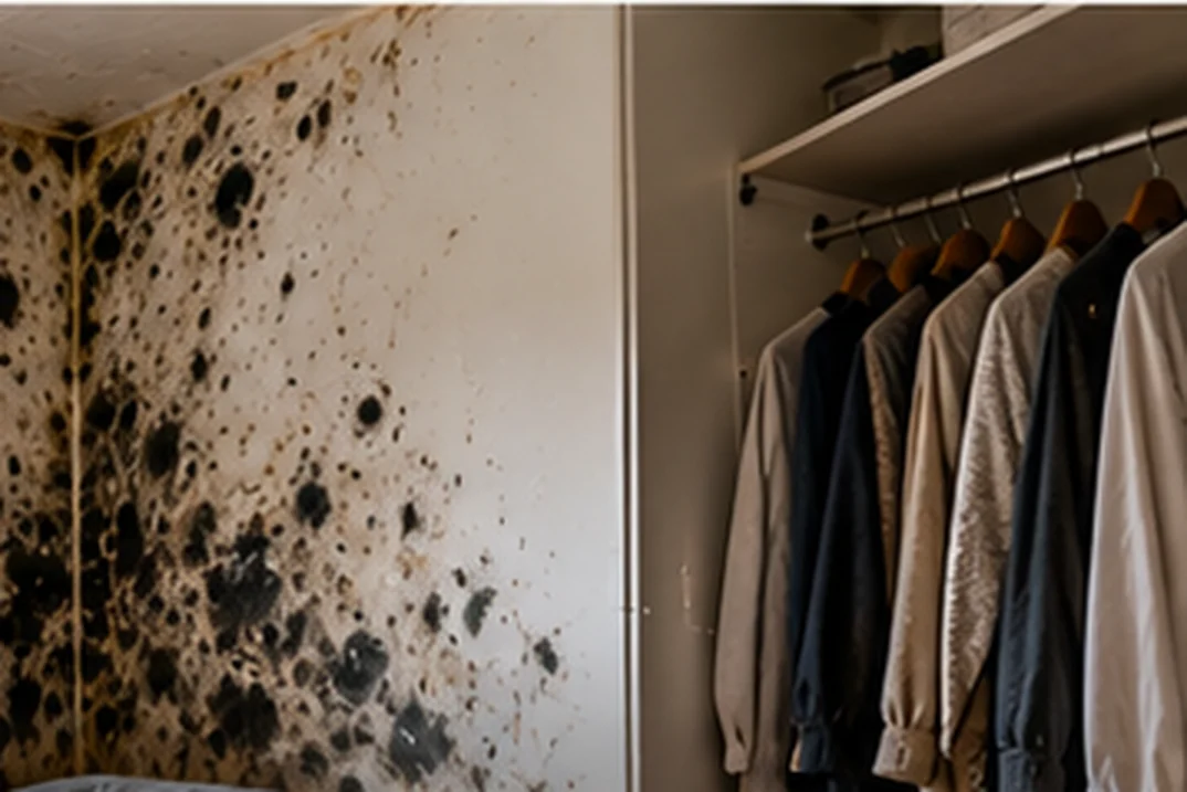 Mould on a bedroom wall next to clothes on hangers