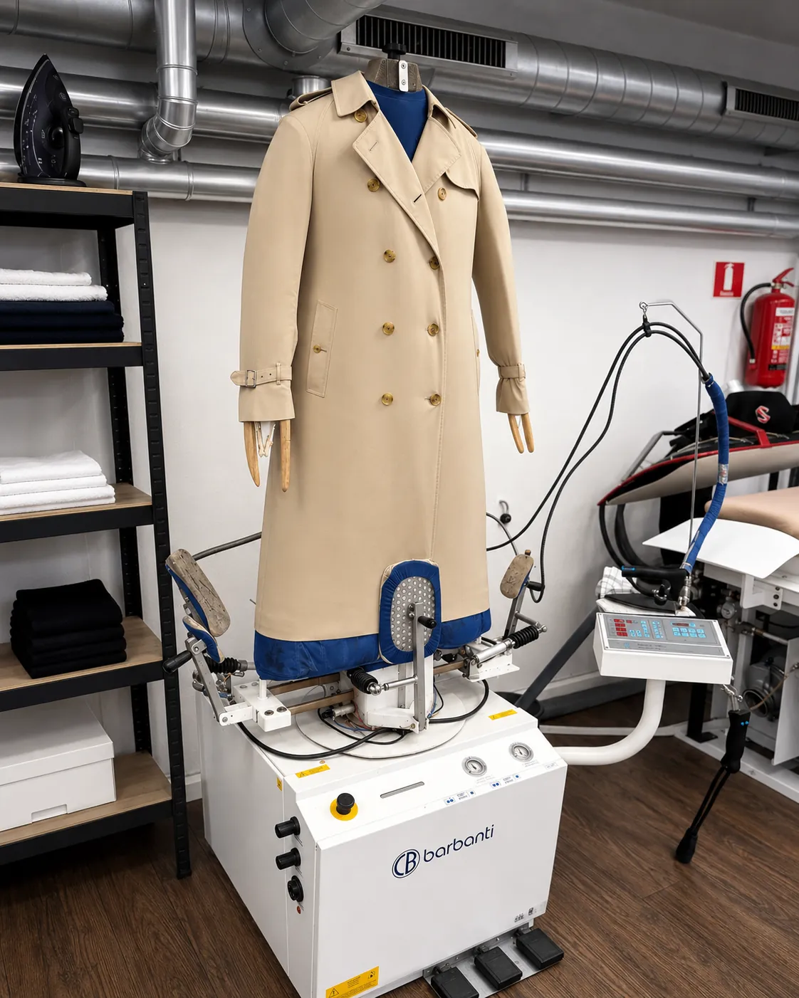 Barbanti formfinisher-dukke damper og former en frakke i Menzer & Enevoldsens egen produktion i Roskilde