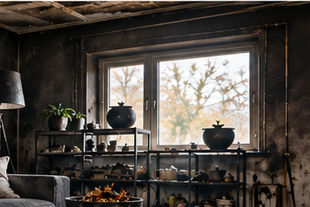 Living room with soot on the walls, ceiling and furniture after a fire