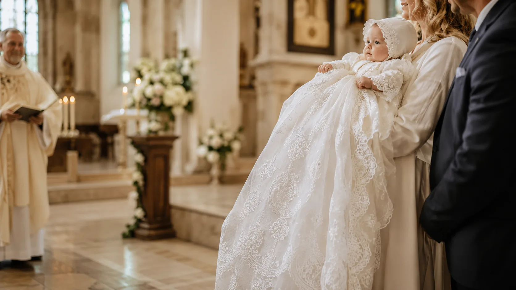 Barn i lang hvid dåbskjole med blonder bæres i en lys kirke med levende lys og blomster