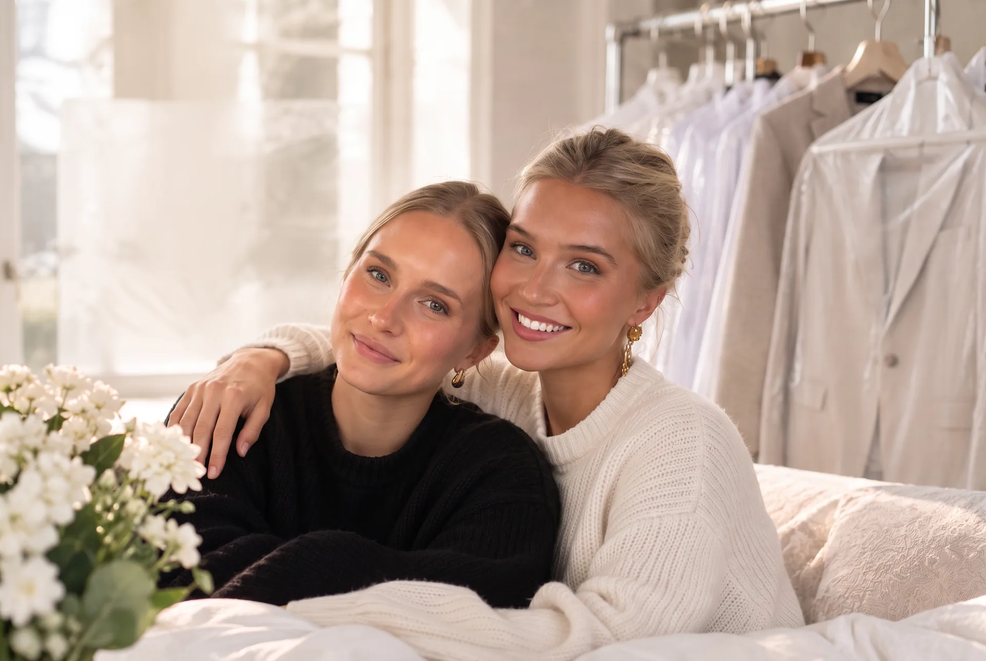 Caroline og Anna-Sophie fra Renseriet Menzer & Enevoldsen i lyse omgivelser med nyrenset tøj på bøjler
