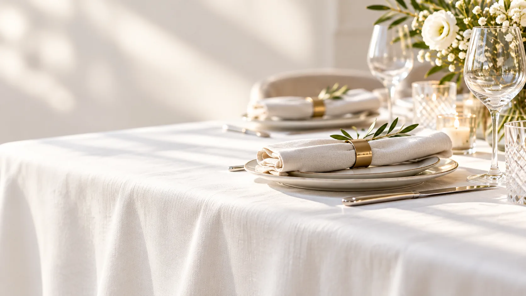 Lys dug med foldede stofservietter, service, glas og blomster på et dækket bord