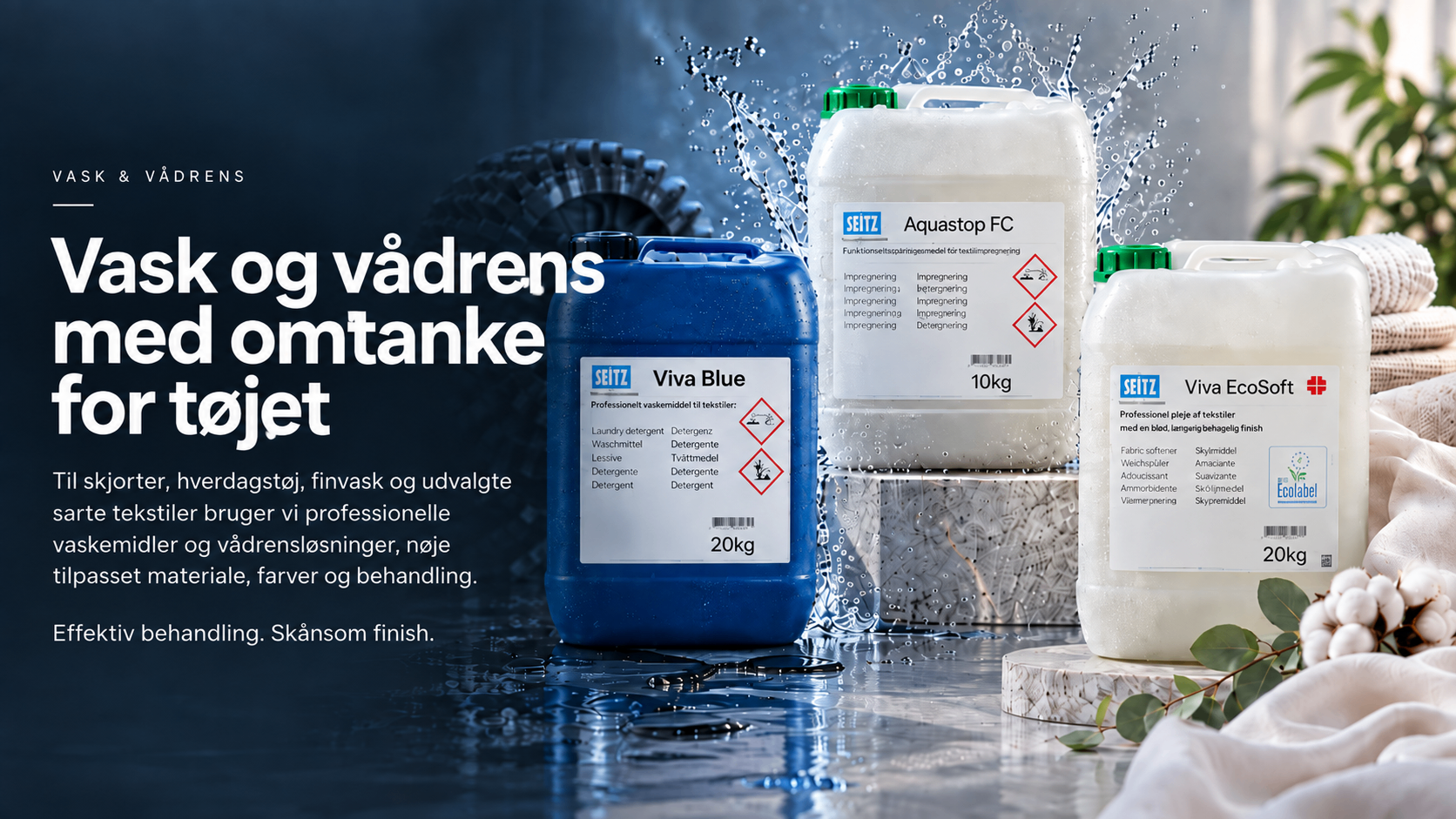 Dunke med professionelle SEITZ-produkter til vask og vådrens med overskriften Vask og vådrens med omtanke for tøjet