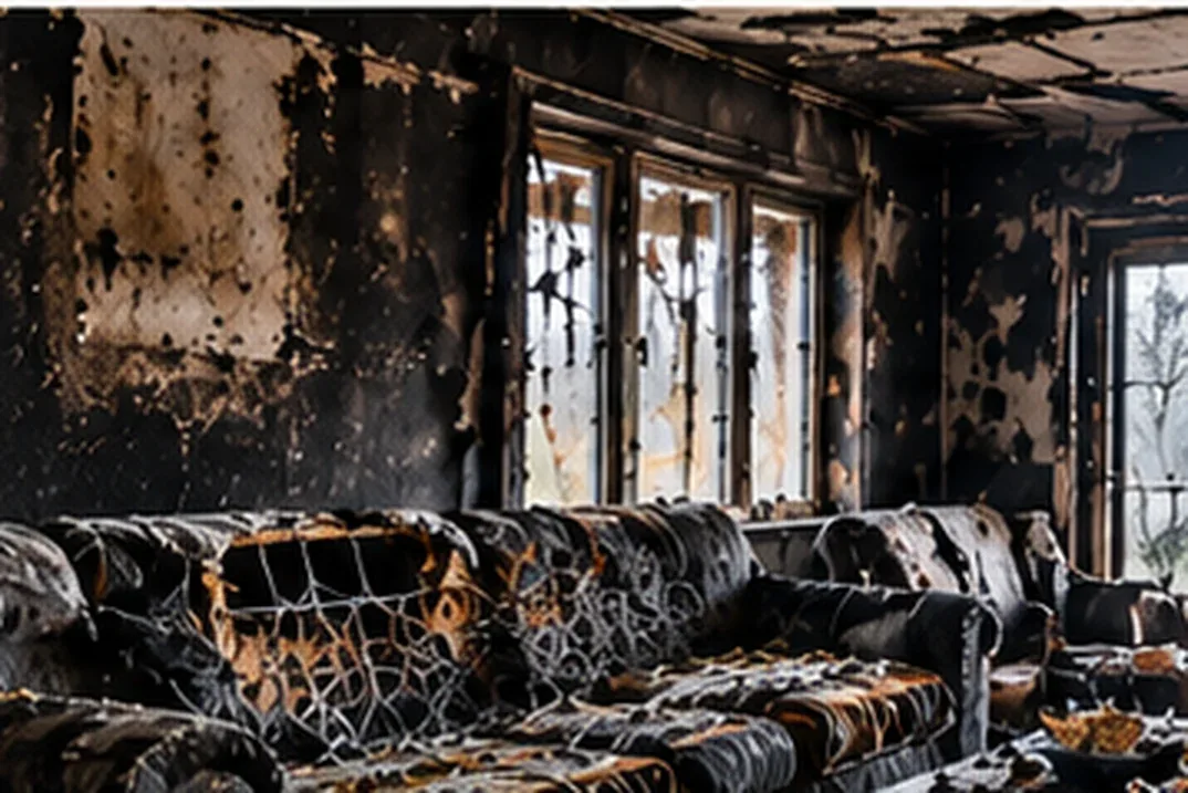Burnt-out living room with a ruined sofa after a fire
