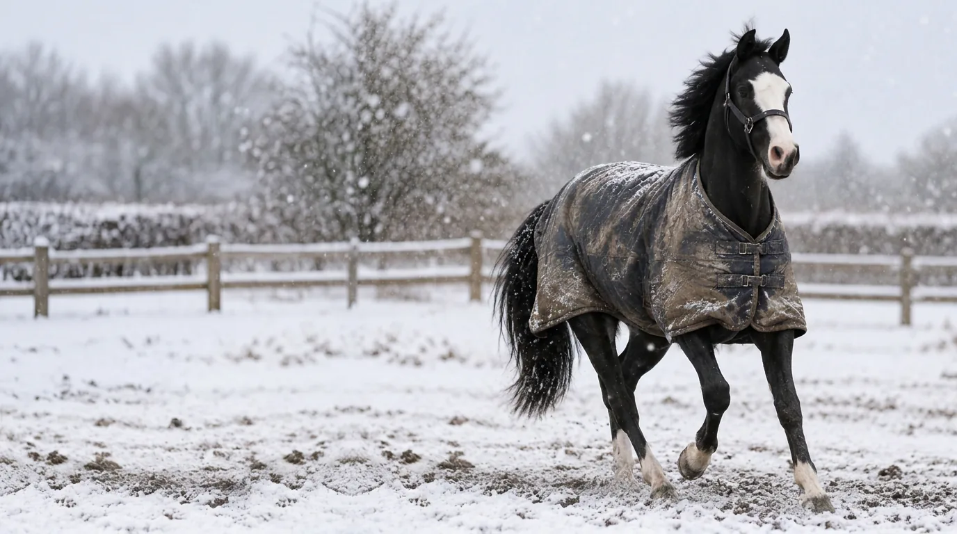 Pferd mit verschmutzter Pferdedecke bei Schnee auf der Koppel